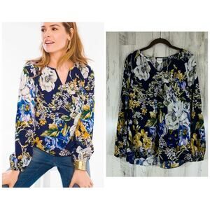 Chicos Top Size 0 Small Navy Floral Oversized Flowy Loose Business Casual Office